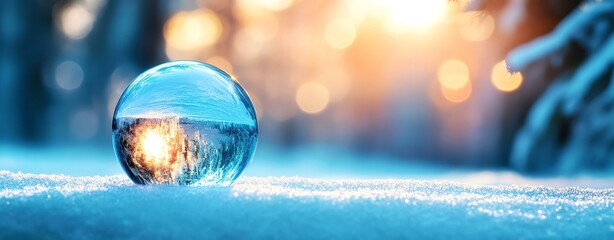 A mesmerizing crystal ball resting on soft snow, capturing the magical winter light.