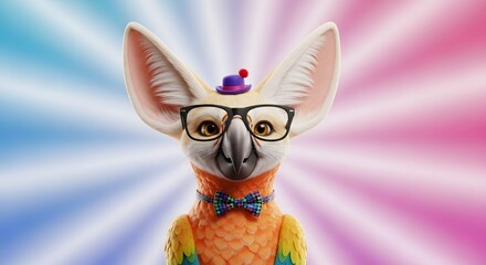 Hipster Parrot: A stylish cartoon parrot with large ears, glasses, a tiny hat, and a bow tie, set against a vibrant radial background.