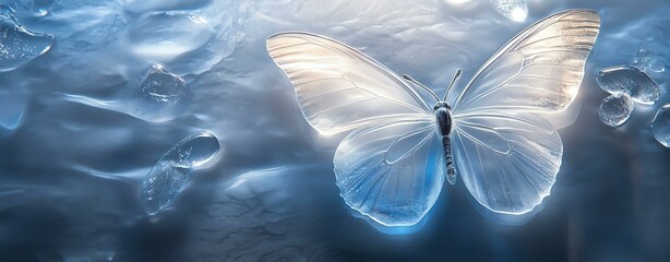 A delicate butterfly rests gracefully on a serene blue background.