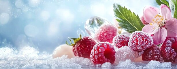 Fresh raspberries and flowers on a snowy background, perfect for a refreshing treat.