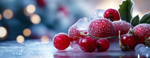 Frosted red berries with ice on a table, perfect for winter and holiday decorations.