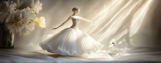 Elegantly dressed ballerina spinning in soft light with delicate blossoms nearby.