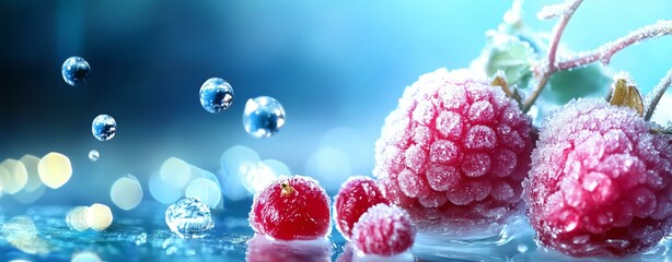 Fresh raspberries glisten with droplets, showcasing their vibrant colors and textures.