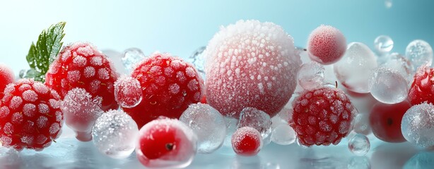 Fresh raspberries creating a vibrant, refreshing composition with ice and bubbles.