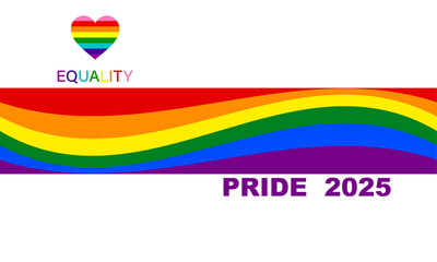 Gay Pride 2025 Wave Rainbow Flag LGBTQIA template. Equality, Inclusivity. Pride Banner with LGBT Flag sign. Pride Month. Colorful design element frame border vector isolated on white background