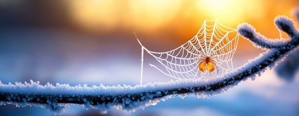 A delicate spider web glistens with frost in the soft morning light, creating a stunning scene.