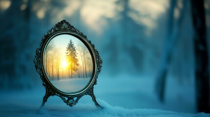 A vintage mirror reflecting a serene winter landscape with a soft sunset glow.