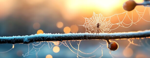A frost-covered spider web glimmers in the soft morning light with colorful bokeh.