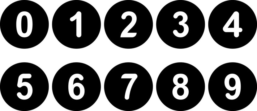 A set of bold white numbers from 0 to 9 displayed on round black circle backgrounds. These clean and modern numeric icons are perfect for infographics, UI design, mobile apps, dashboards, calendars, s