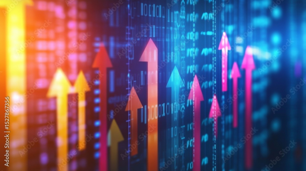 Poster an abstract image of stock market graphs with arrows indicating upward and downward trends, symboliz