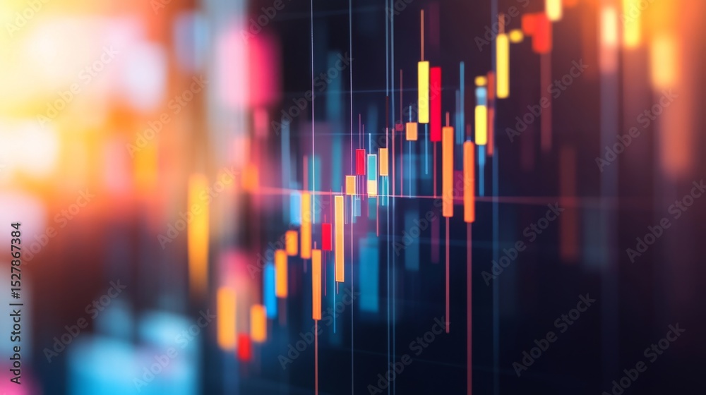 Poster An abstract representation of financial data with fluctuating lines and colorful candlestick charts, symbolizing market trends and analysis.