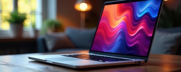 Sleek silver laptop, thin profile, angled view, design, screen