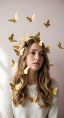 Golden Butterflies: A young woman with long, wavy hair is surrounded by numerous golden butterflies, creating a dreamy, ethereal atmosphere.