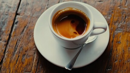 Espresso in white cup on wooden table