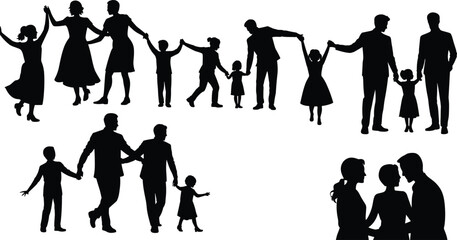 Family Silhouettes: Parents and Children Holding Hands, Dancing, and Sharing Moments in Black and White Art flat vector illustration