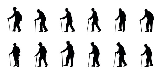 Elderly Man Silhouettes with Walking Cane. silhouette of a set of an old man walking using a cane aid. Vector illustration