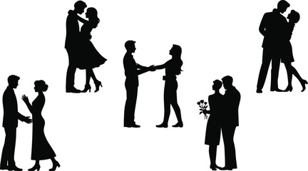 Romantic Silhouettes: Couples Embracing, Kissing, and Sharing Intimate Moments in Black and White Art flat vector illustration