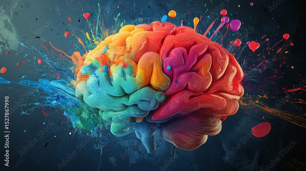 Poster An artistic representation of the human brain with vibrant colors illustrating neural pathways, surrounded by abstract shapes and patterns that symbolize thought processes.