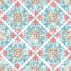 Vintage damask seamless pattern in teal and red for ornate textile or wallpaper design. Vector damask seamless pattern background. Vintage ornamental template with pattern. Vector, illustration