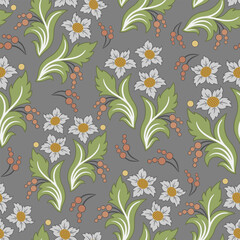 Stylized floral pattern in gray and green for decorative fabric or wrapping paper. Vector seamless border in Victorian style. Vector, illustration