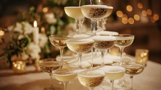 Champagne tower with glasses filled on elegant table at celebration