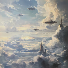 Spaceships fly above cloud city with castles on a sunny day Generative AI