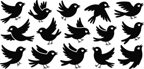 Silhouette flying birds with heart shapes on chest, romantic love symbol, black vector illustration, animal love icons, valentine design element