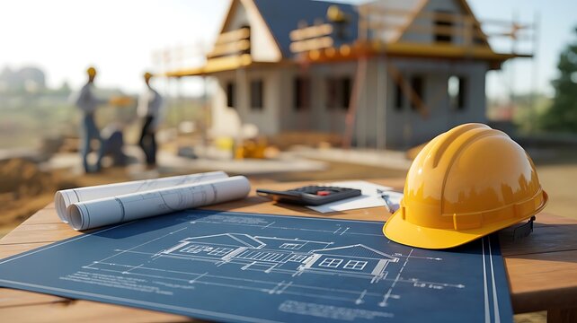 Construction site with blueprints and hardhat conceptualizing home building project