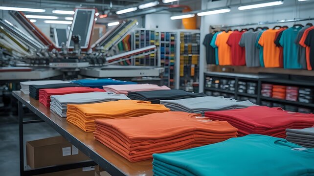 Colorful stacks of t shirts on a table inside a screen printing factory