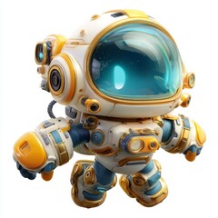 Cute cartoon robot astronaut exploring a vibrant alien planet with colorful features and a big transparent helmet