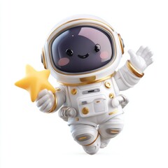 Cute cartoon astronaut character holding a star with a joyful expression in a vibrant space-themed background illustration