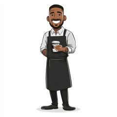 Friendly barista in black apron holding coffee cup, smiling and radiating positive vibes in a modern cafe setting.