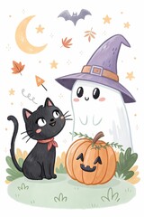 Painting of a cute black cat in a witch hat, a pumpkin, and a white cat ghost for Halloween