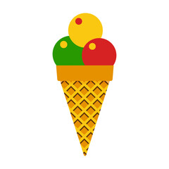 Ice cream cone icon, cartoon waffle candy, funky summer dessert, comic retro fruit sorbet isolated on white background. Cute frozen cream food. Retro simple colorful vector illustration