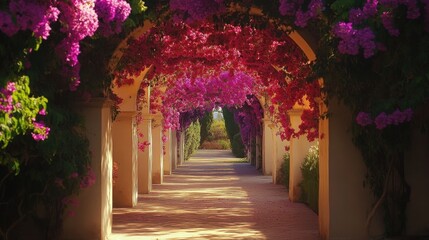 Obraz premium Backyard trellis tunnel covered in colorful flower vines leading into a green sanctuary