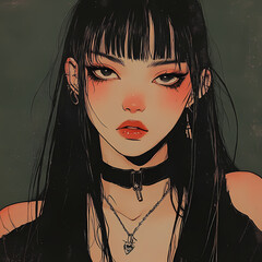 Young woman with dark hair, choker, and stylized makeup Generative AI