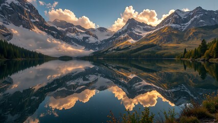 Fototapeta premium Serene mountain landscape with snow-capped peaks reflected perfectly in a calm lake under a cloudy sky.