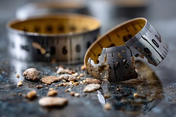 A worn and damaged measuring tape lies on a textured surface, symbolizing the passage of time and the impermanence of tools used in construction and design.