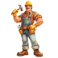 Strong construction worker character with hammer and tools, wearing yellow hard hat, smiling, and showing confidence in work attire