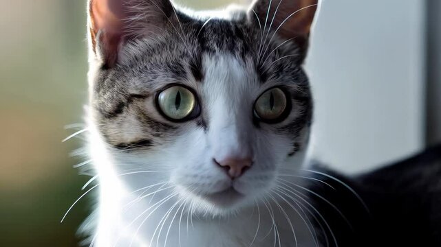 Green eyed tabby cat sitting beside window, gazing intently through soft natural daylight, displaying calm feline demeanor across multiple portrait perspectives