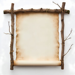 Parchment scroll on rustic twig frame hangs on a white wall Generative AI