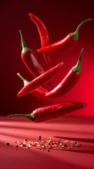 Falling spicy chili peppers on red background. Vegetable textures and culinary backdrop concept. Food shot for wallpaper, poster