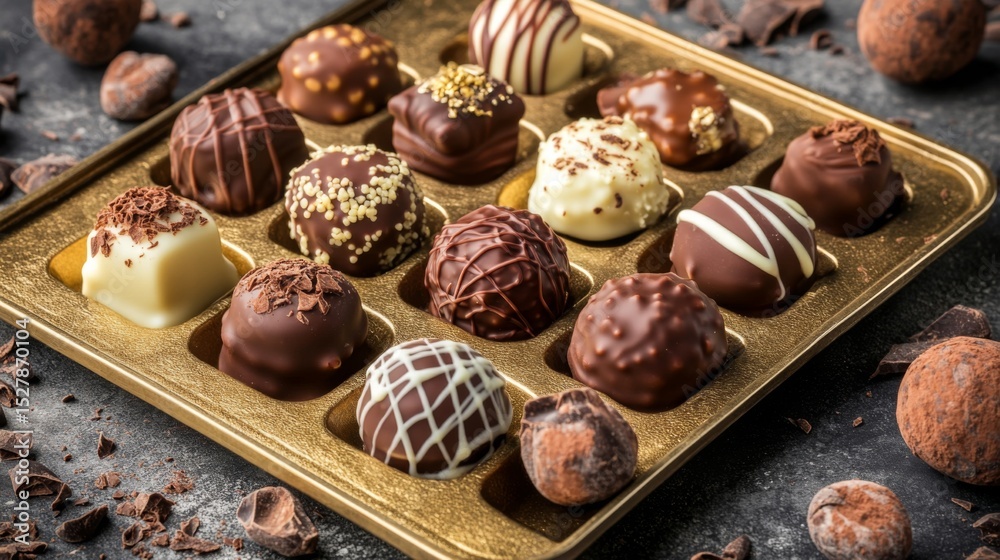 Poster assorted chocolate pralines with intricate designs and fillings on a gold tray, surrounded by cocoa 