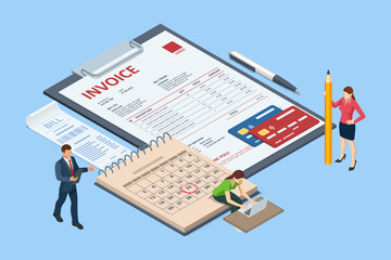 Isometric Mobile invoice payment concept. Isometric vector illustration of electronic bill, smartphone, currency icons, and notification envelope for digital finance and banking.