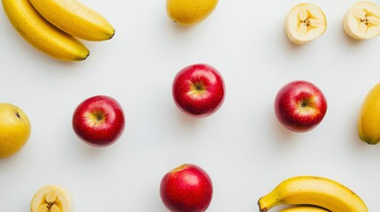 Arrangement of Fresh Bananas and Red Apples on a White Background Creating a Colorful Fruit Display