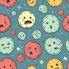 Cartoon planets with faces on a blue background with stars Generative AI