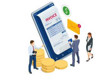 Isometric Mobile invoice payment concept. Isometric vector illustration of electronic bill, smartphone, currency icons, and notification envelope for digital finance and banking.