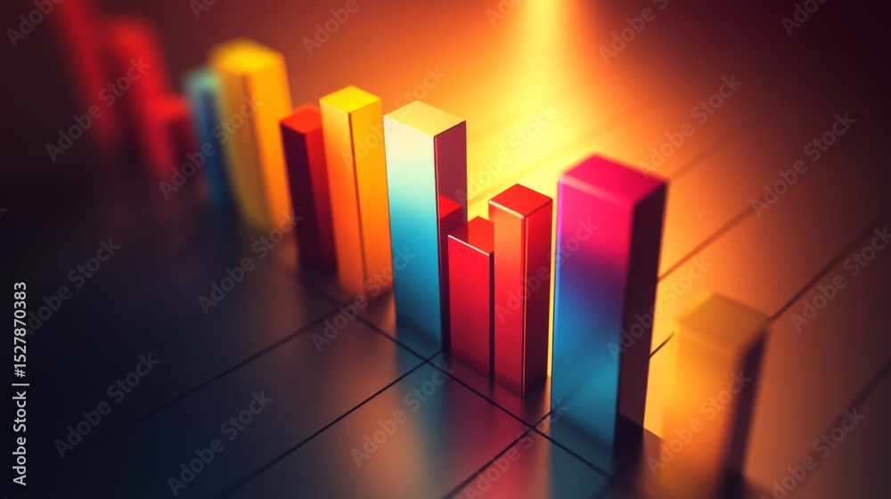 Fototapete A D business bar graph with colorful bars and shadow effects, representing key performance indicators, displayed on a smooth gradient background for a modern touch.