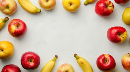 Assorted Fresh Apples and Bananas Arranged in a Circular Pattern on a Light Textured Background