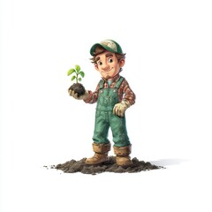 Cheerful young boy holding a sprout in soil, representing hope and growth in gardening and environmental stewardship